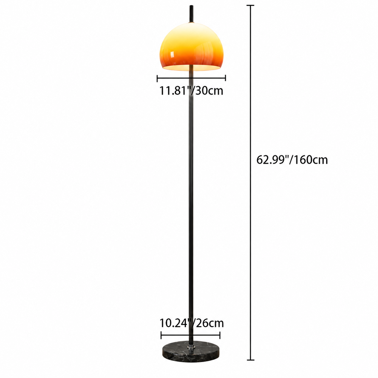 Disegno quote, paralume 30 cm, altezza 160 cm, base 26 cm