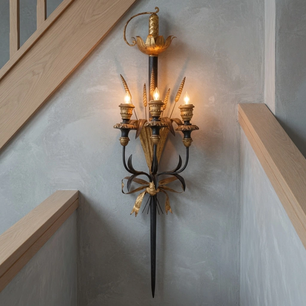 Calla wall sconce beside a stair landing