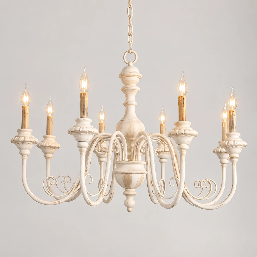 Elise American Vintage Carved Wood Chandelier, Soft White Wood, switched-on product in a neutral studio