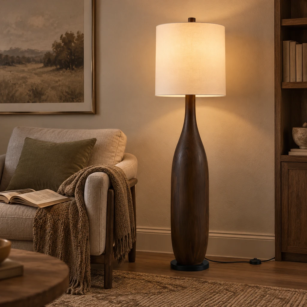 Amelia American Rustic Turned Wood and Fabric Floor Lamp, Dark Coffee - 45 cm wide x 160 cm high, evening room setting