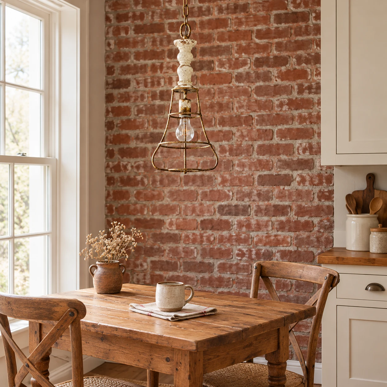 Wren cage pendant in a brick breakfast nook