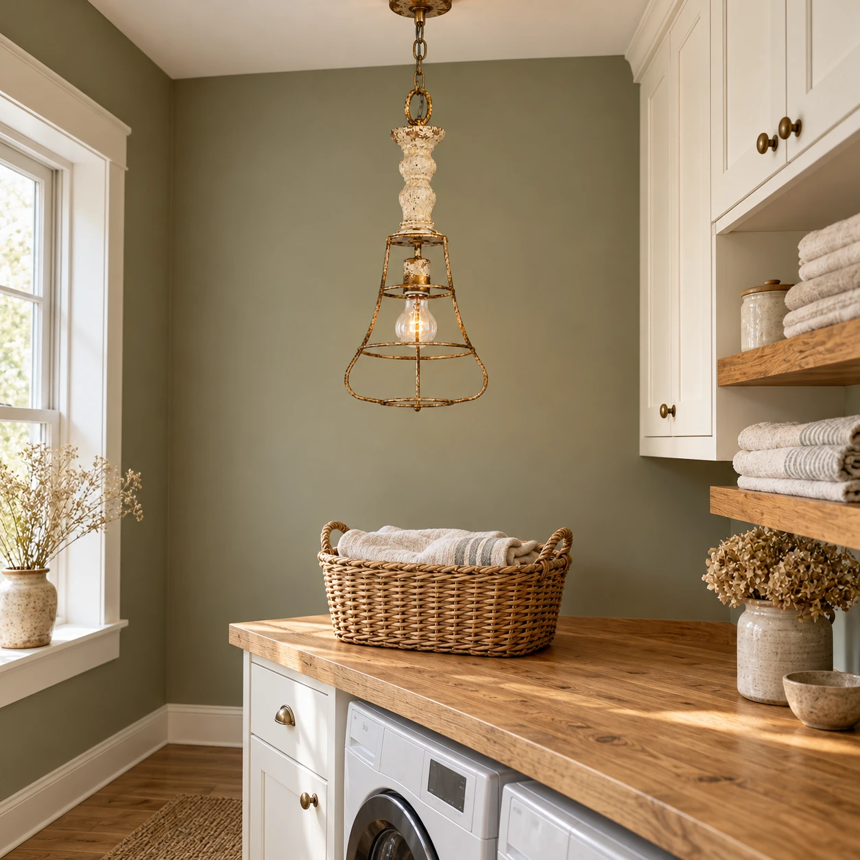 Wren cage pendant in a utility laundry space