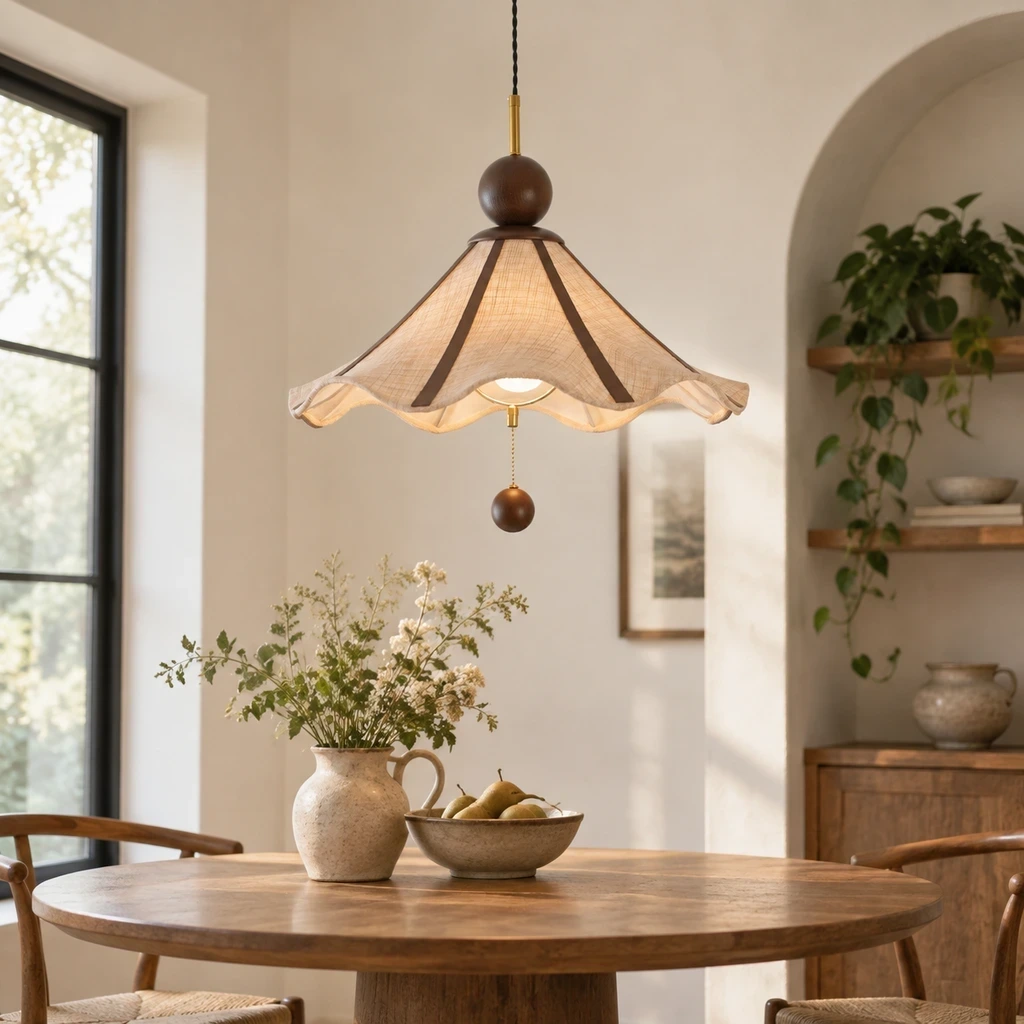 Amelie Vintage Single-Light Fabric Wood Pendant Light in a reading setting