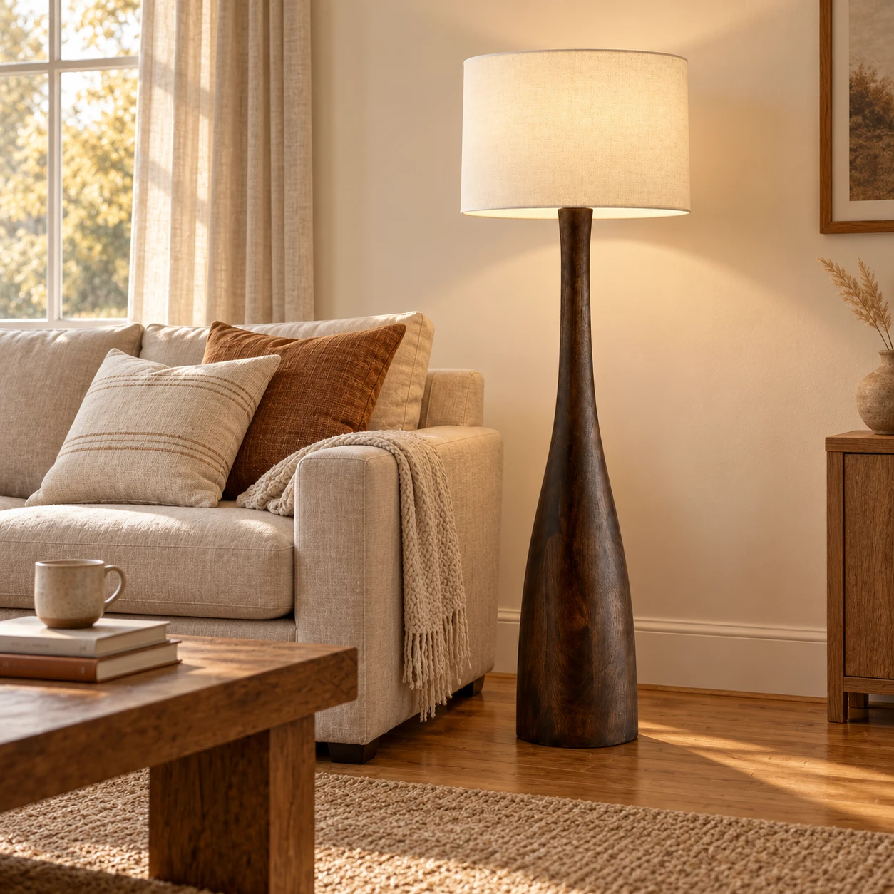 Rowan floor lamp beside a sofa in a living room