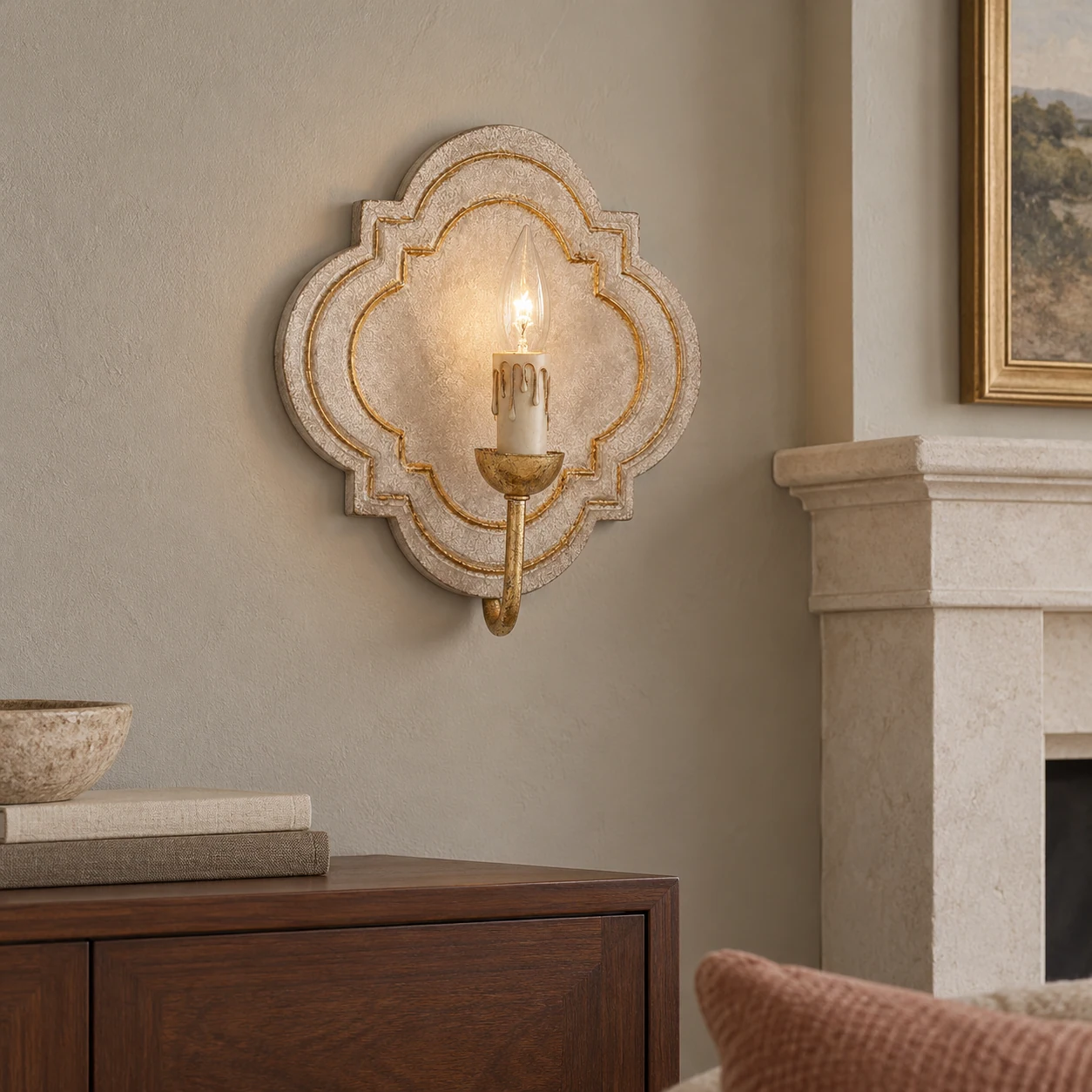 Nola wood wall sconce in a living room near the fireplace