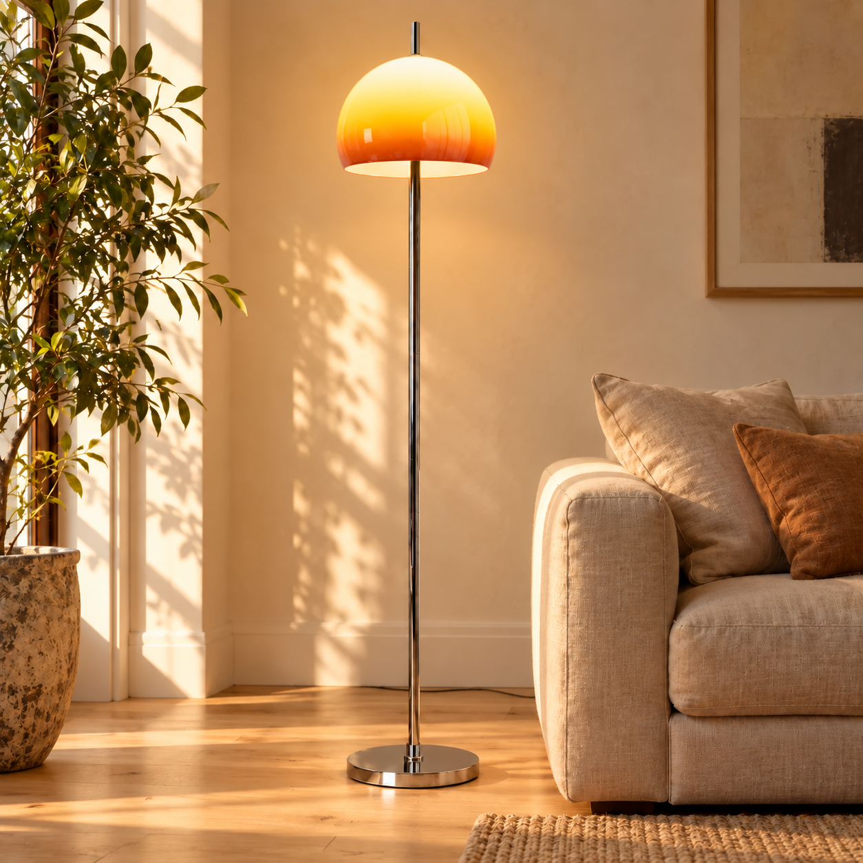 Lampada da terra a fungo in vetro caramello accanto a un divano