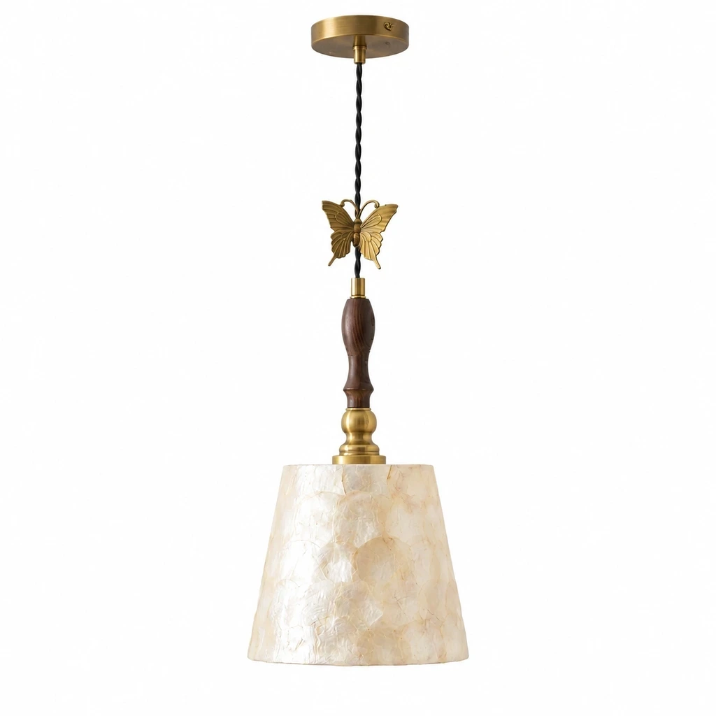 Elena Vintage Butterfly Shell Wood Pendant Light on a clean white background
