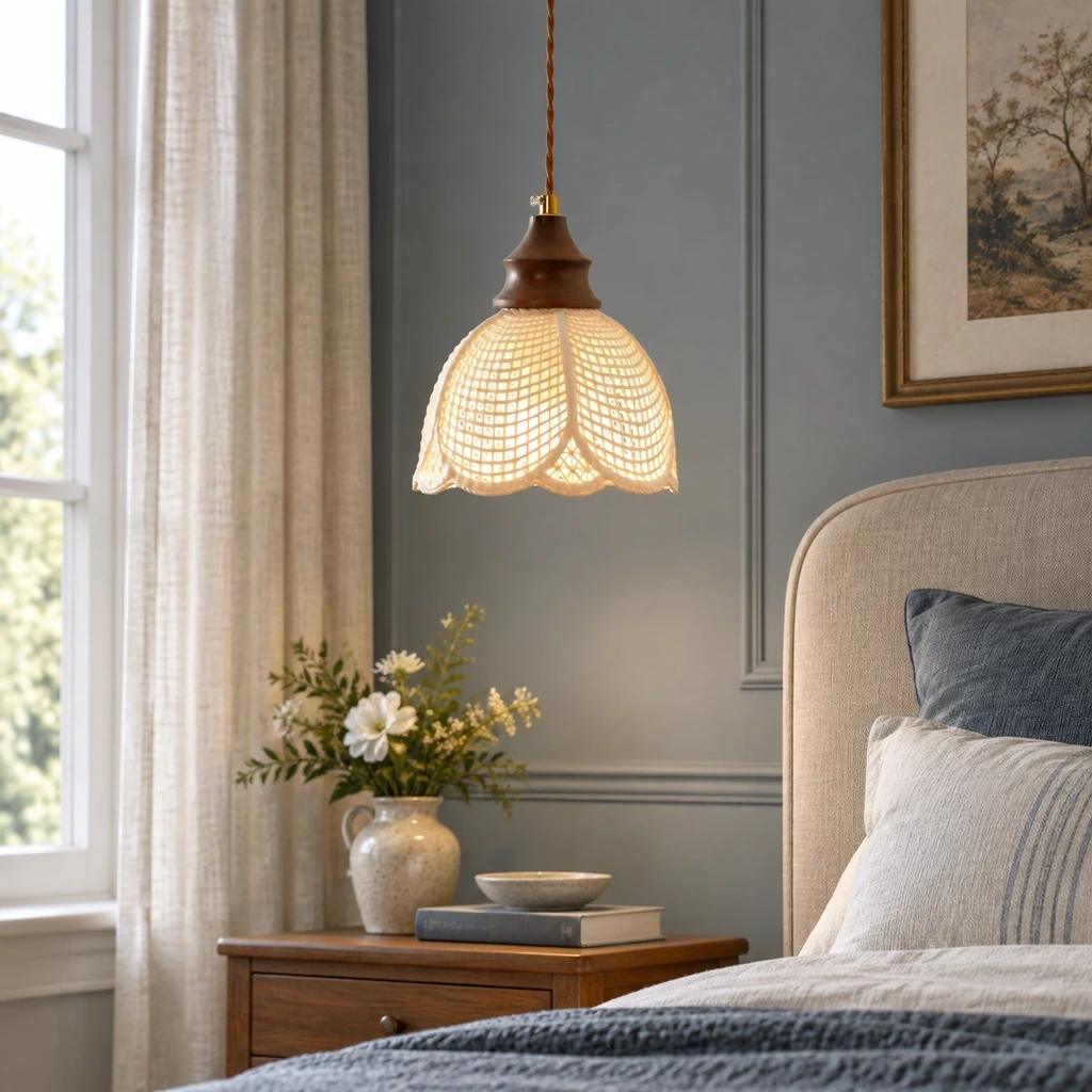 Lina Vintage Floral Ceramic Wood Pendant Light in a bedroom setting
