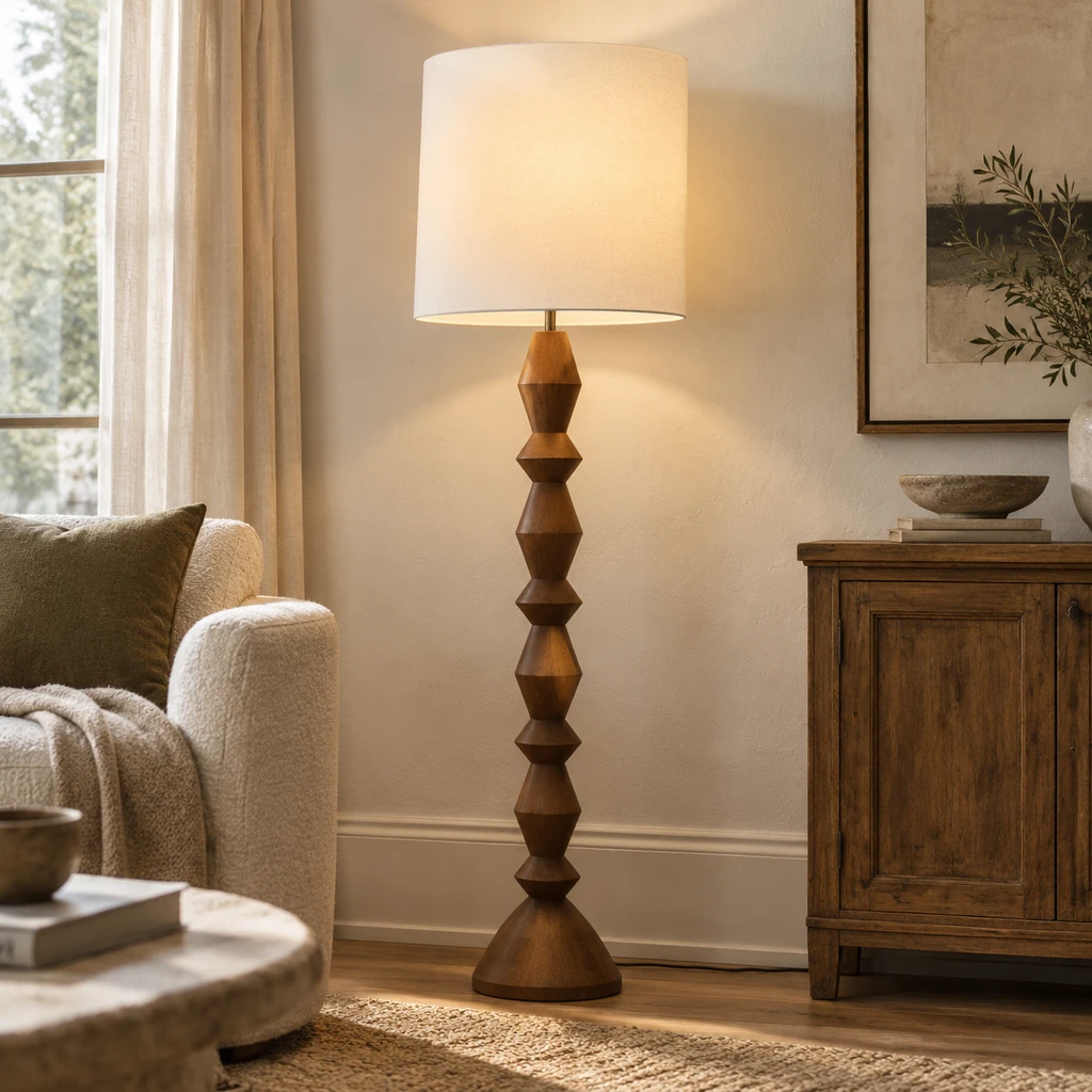 Maya Vintage Carved Wood and Fabric Floor Lamp, Carved Wood, core product view in a restrained interior