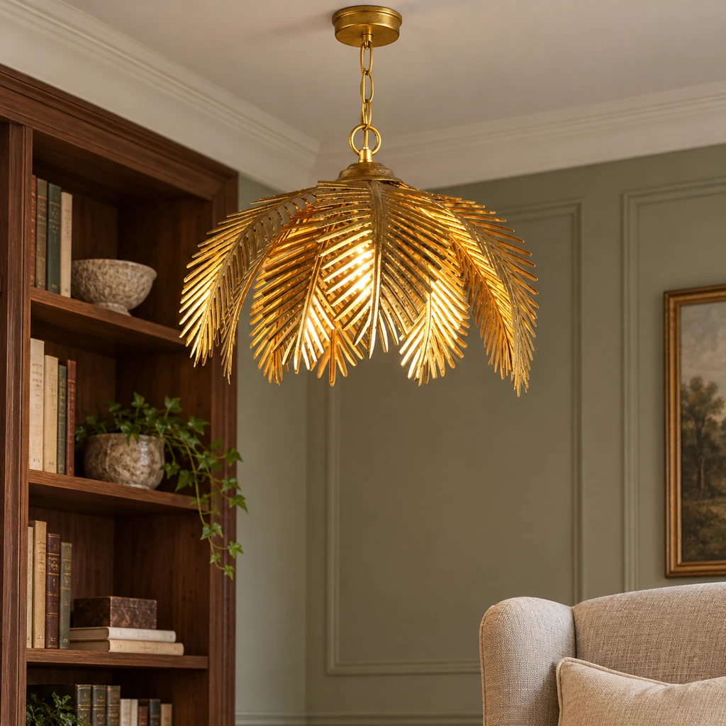 Mila European Vintage Leaf-Branch Iron Chandelier, Gold - Single Light, library setting