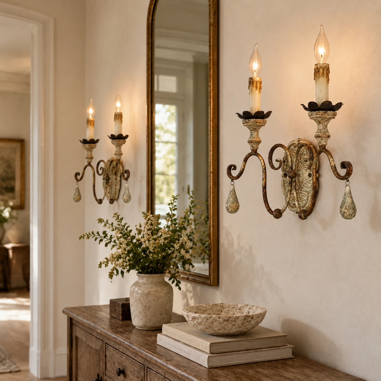 Two-light wood and iron wall sconce near an entry mirror
