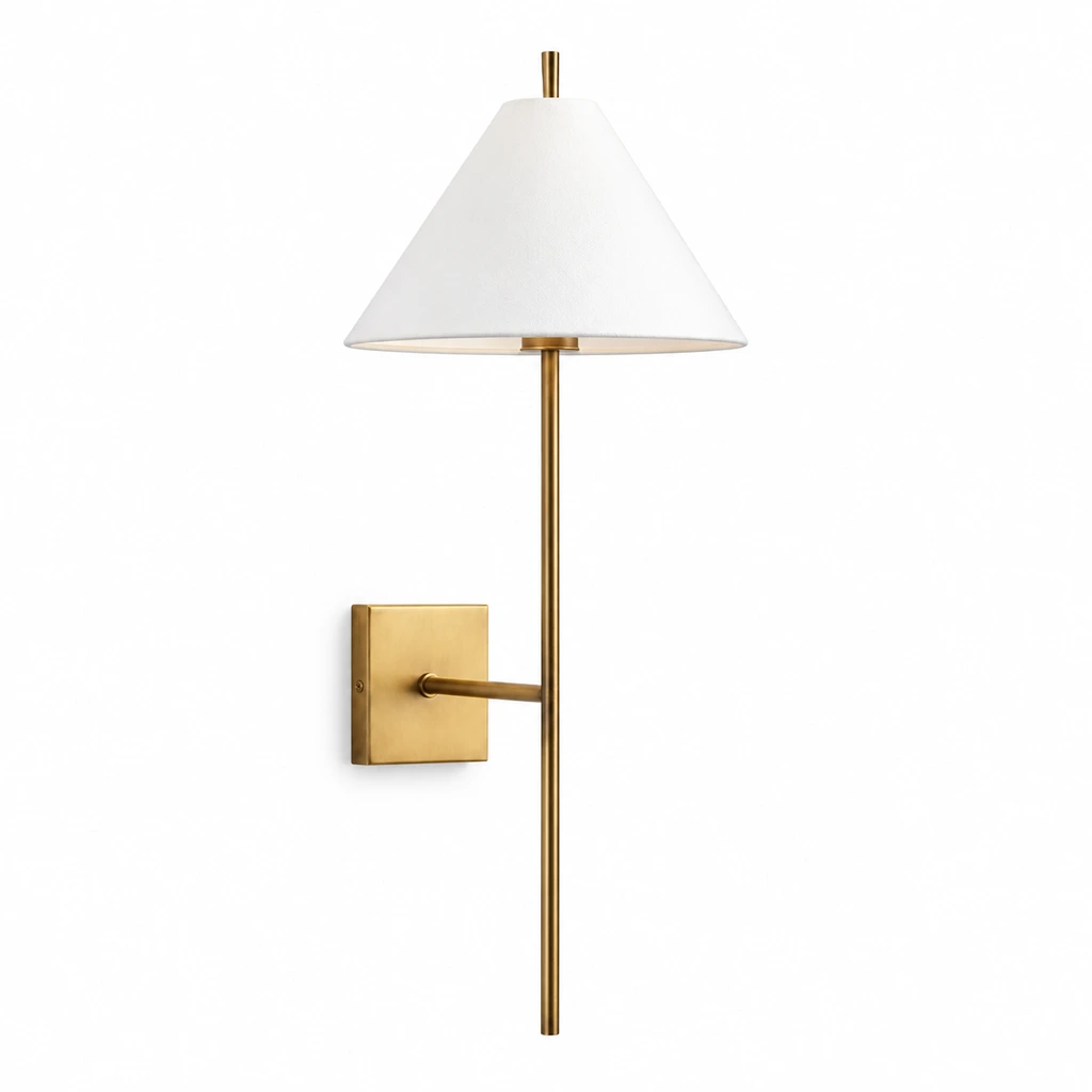 Antique brass Marcel tapered shade wall sconce on white