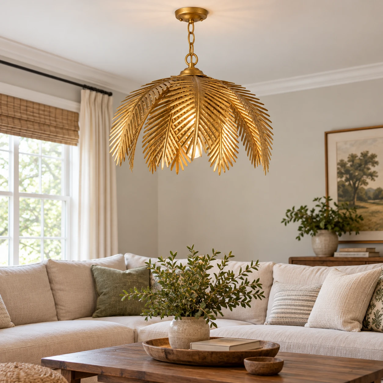 Mila gold leaf chandelier in an American family living room