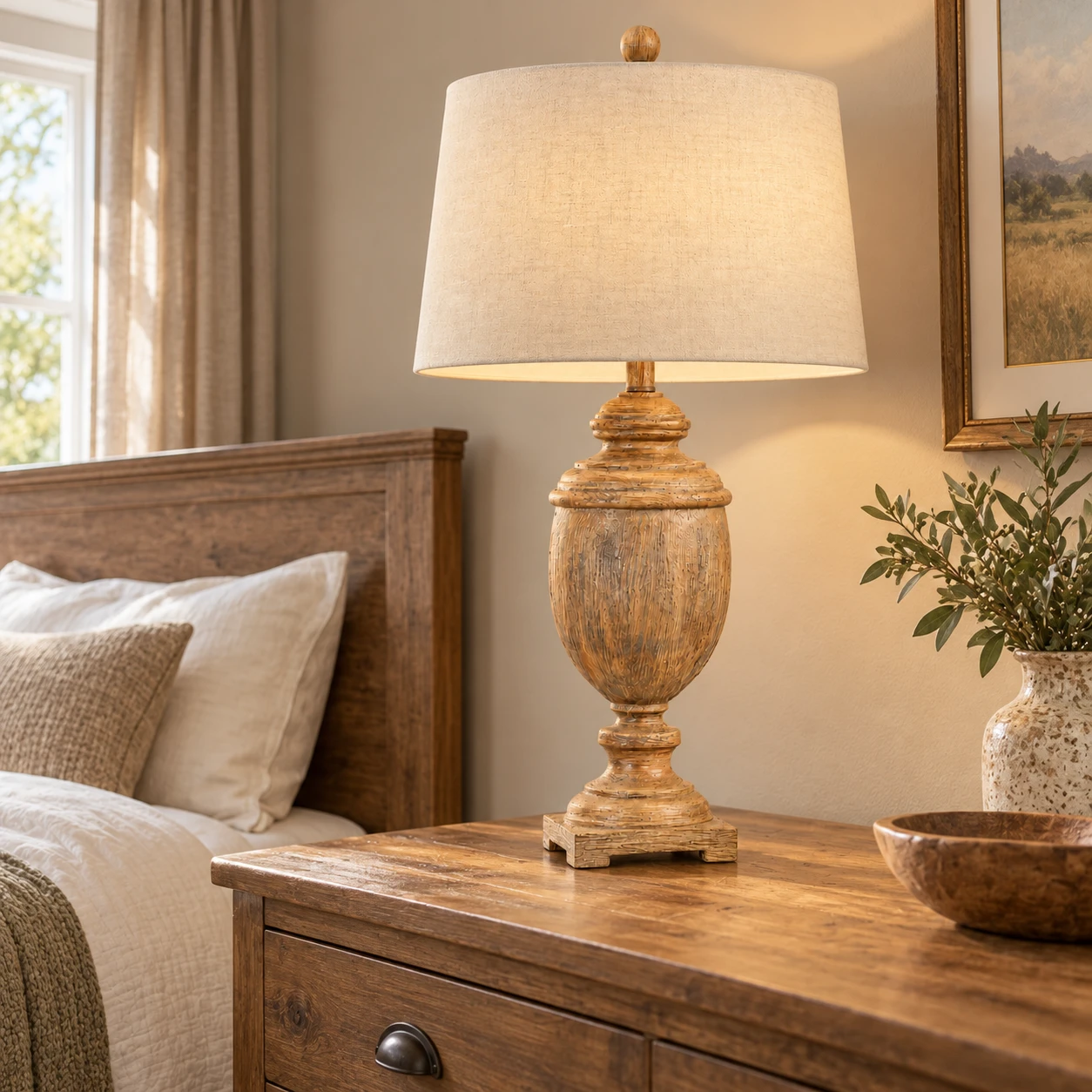Ellis wood table lamp on a bedroom dresser