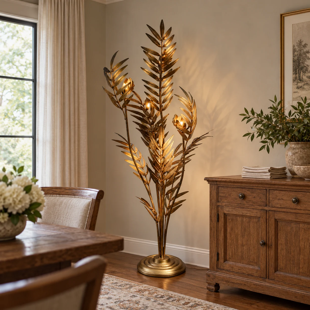 Liora gold palm leaf floor lamp near a dining room sideboard