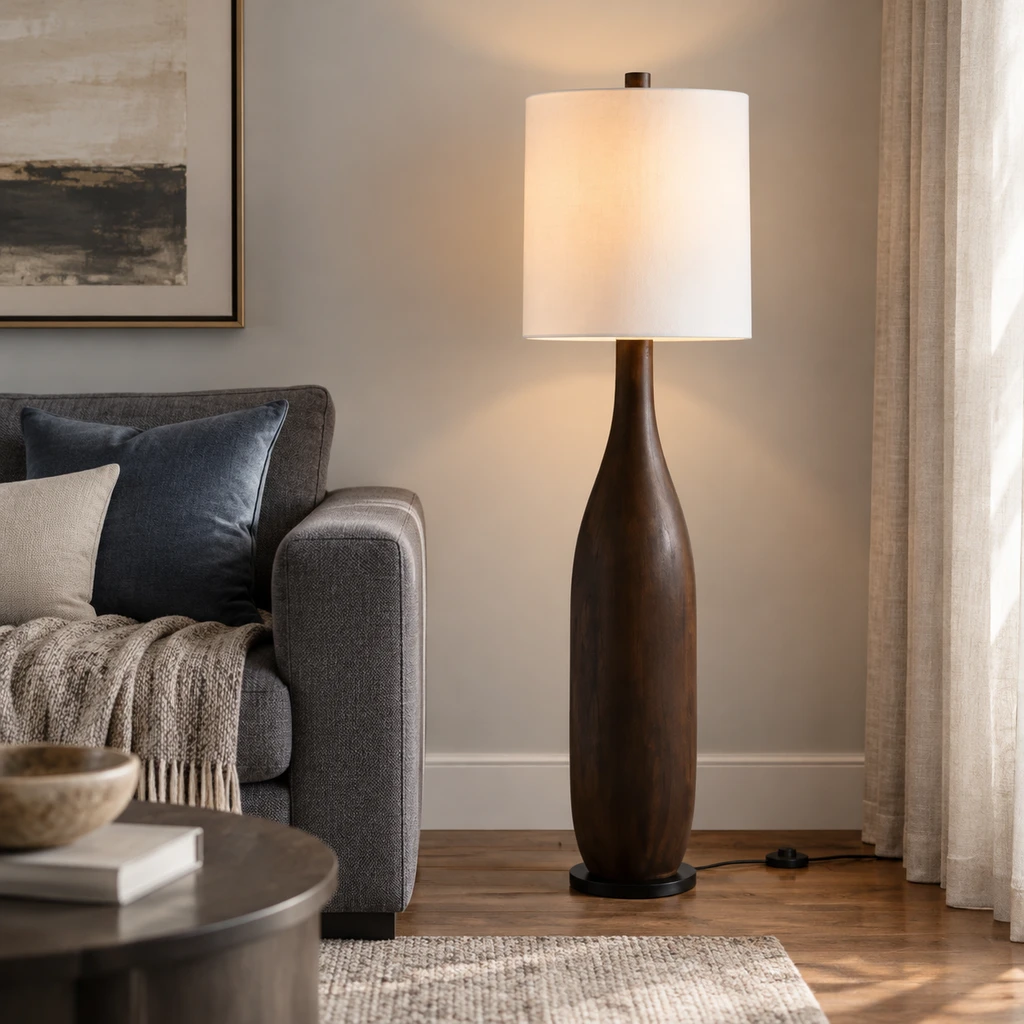 Amelia American Rustic Turned Wood and Fabric Floor Lamp, Dark Coffee - 45 cm wide x 160 cm high, medium-near hospitality setting