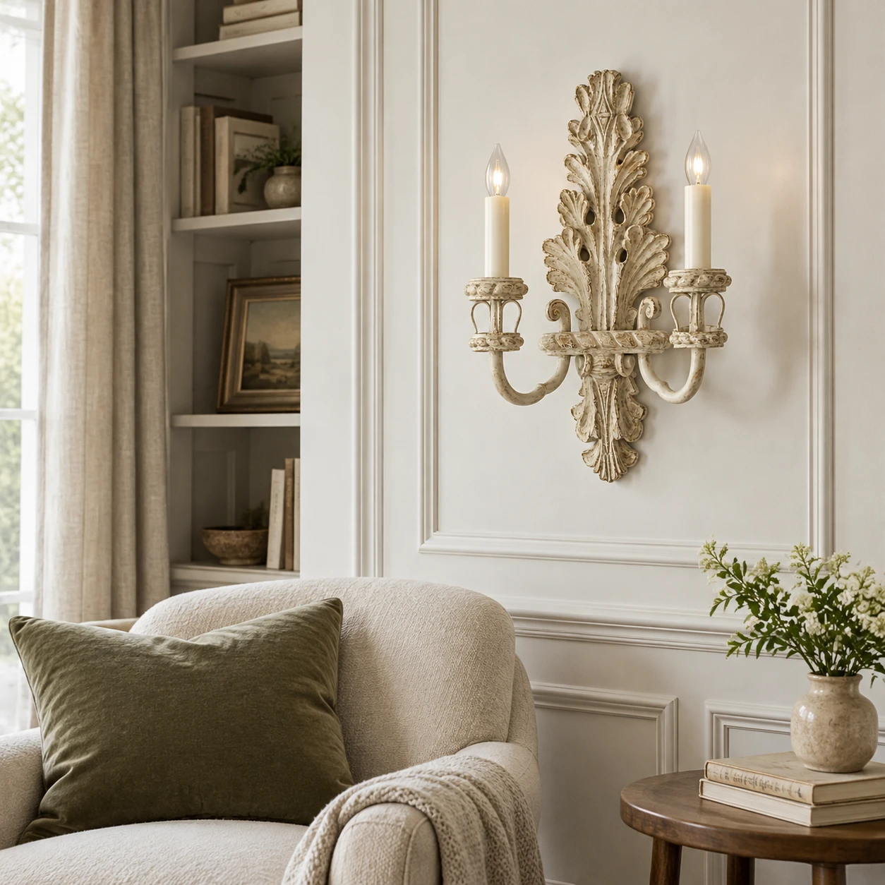 Odette French Candle Wood Wall Sconce in a residential interior