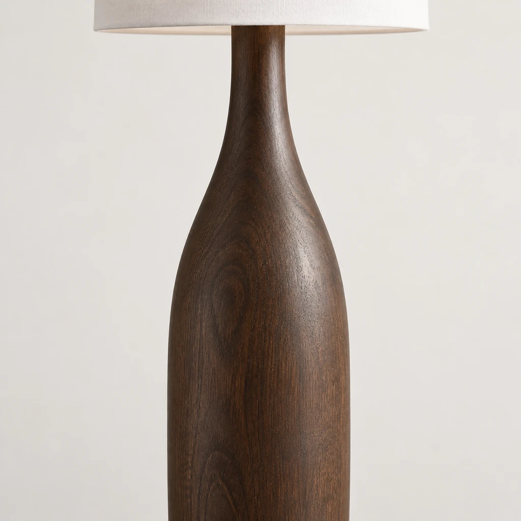Amelia American Rustic Turned Wood and Fabric Floor Lamp, Dark Coffee - 45 cm wide x 160 cm high, close view of the primary material and finish