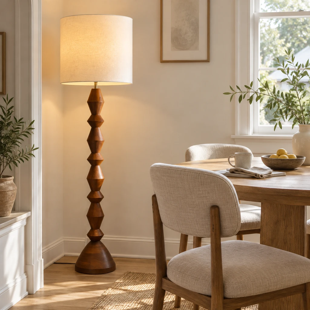 Maya Vintage Carved Wood and Fabric Floor Lamp, Carved Wood, medium-near dining setting