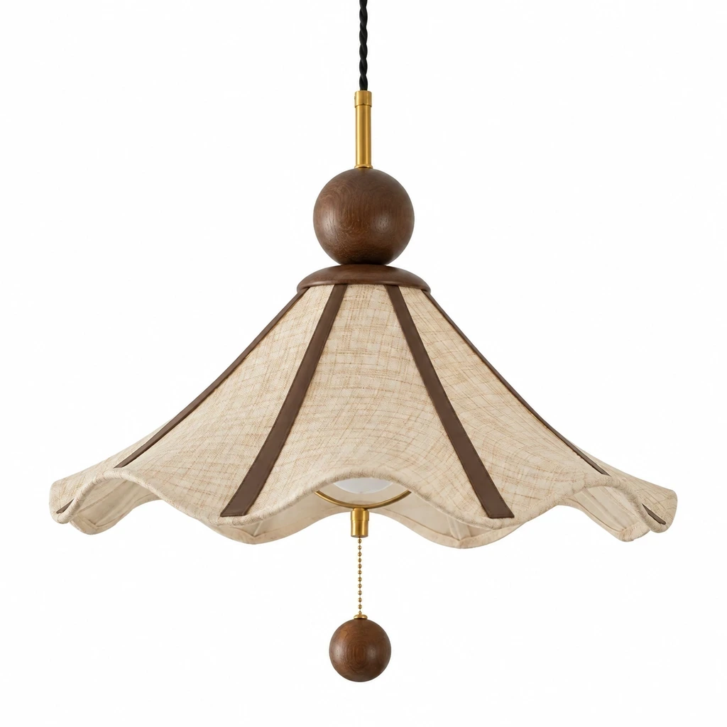 Amelie Vintage Single-Light Fabric Wood Pendant Light switched off in a neutral studio