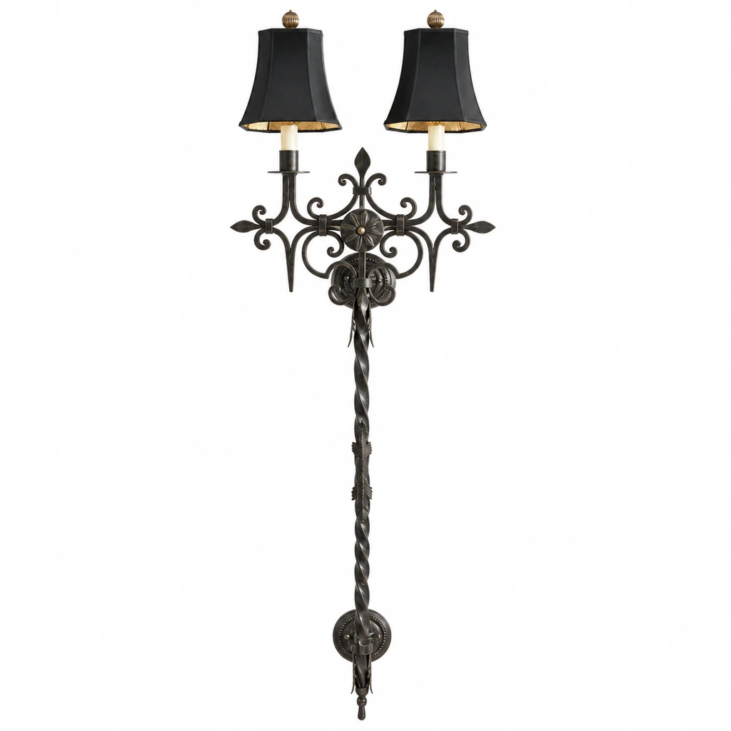 Complete black distressed iron two-light wall sconce on white