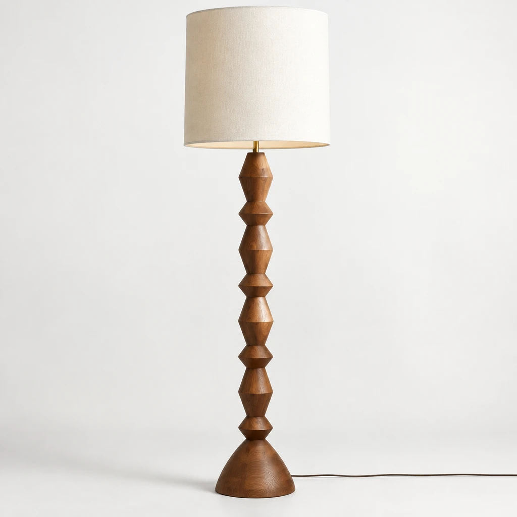 Maya Vintage Carved Wood and Fabric Floor Lamp, Carved Wood, switched-off product in a neutral studio