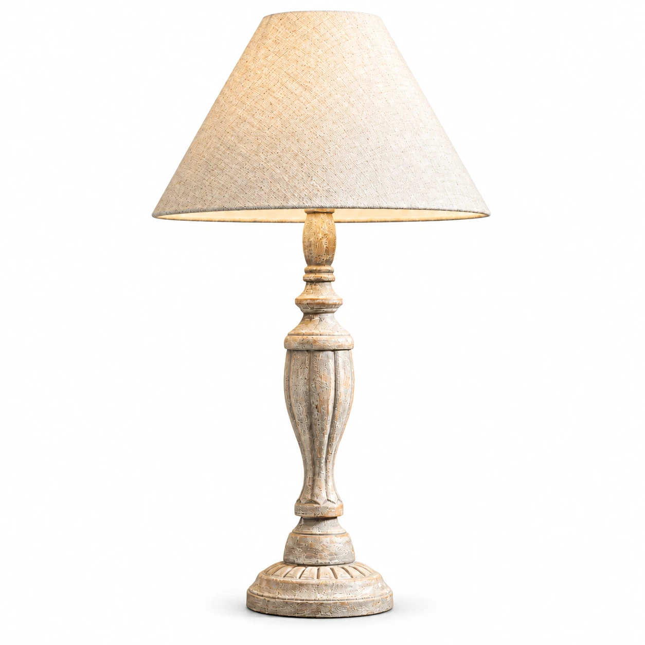 Hayes rustic distressed column solid-wood table lamp with cream shade on white background