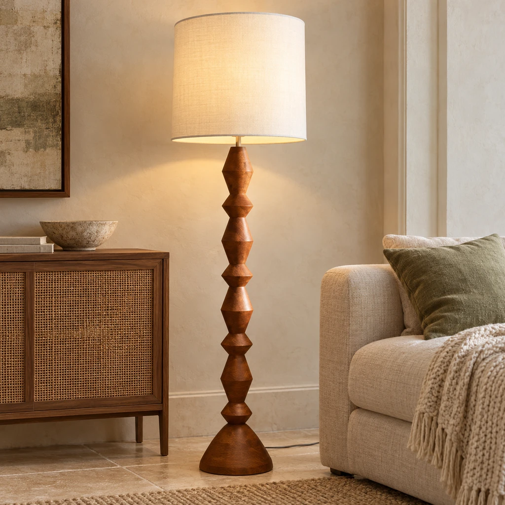 Maya Vintage Carved Wood and Fabric Floor Lamp, Carved Wood, close architectural setting