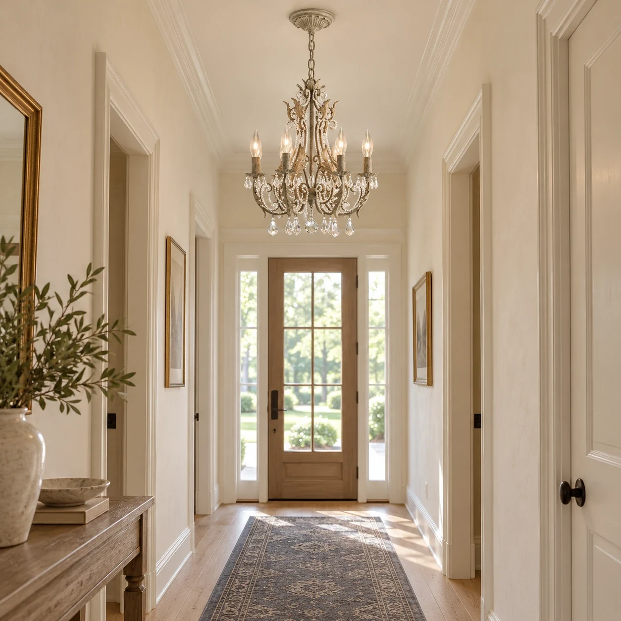 Six-light gray Camille chandelier in a cream American entry hall