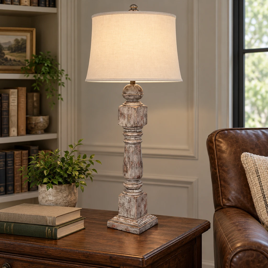 Alden table lamp beside a library chair