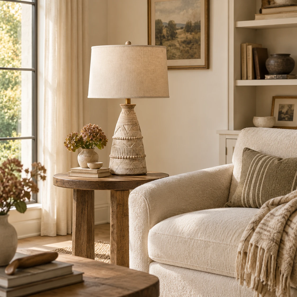 Camille Rustic Carved Wood Table Lamp in a residential interior