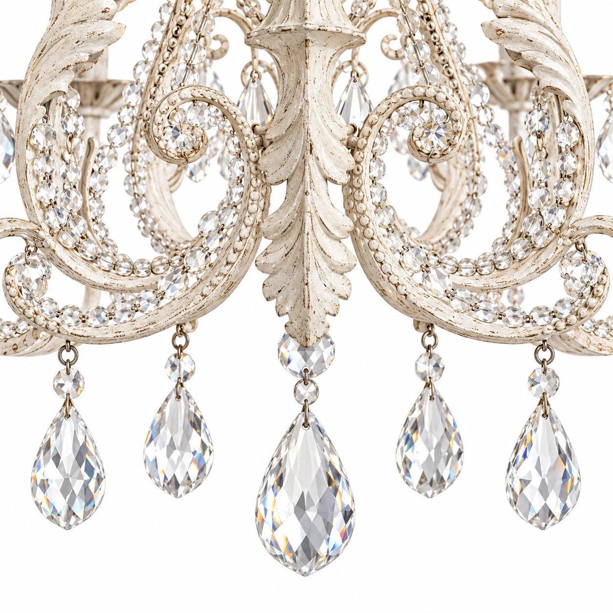 Close view of hanging crystal drops on the Camille chandelier