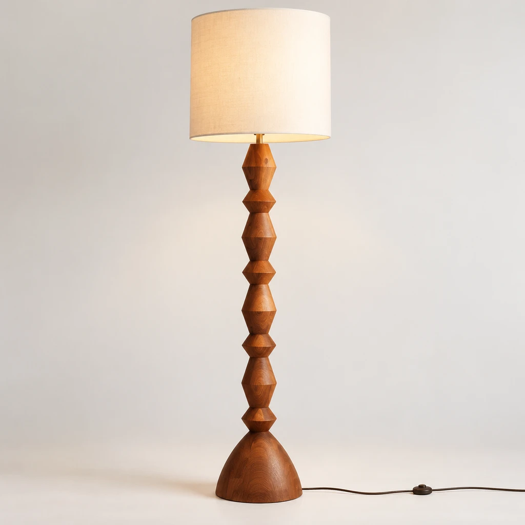 Maya Vintage Carved Wood and Fabric Floor Lamp, Carved Wood, close view of the primary material and finish