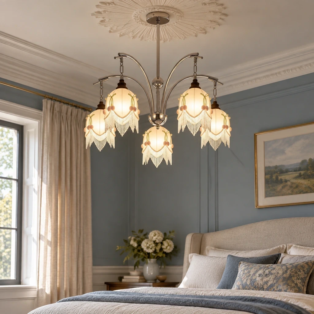 Lucia branching floral fabric chandelier in a bedroom setting