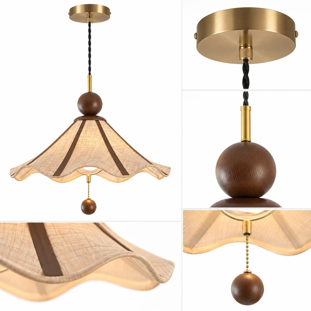 Close detail of Amelie Vintage Single-Light Fabric Wood Pendant Light connection