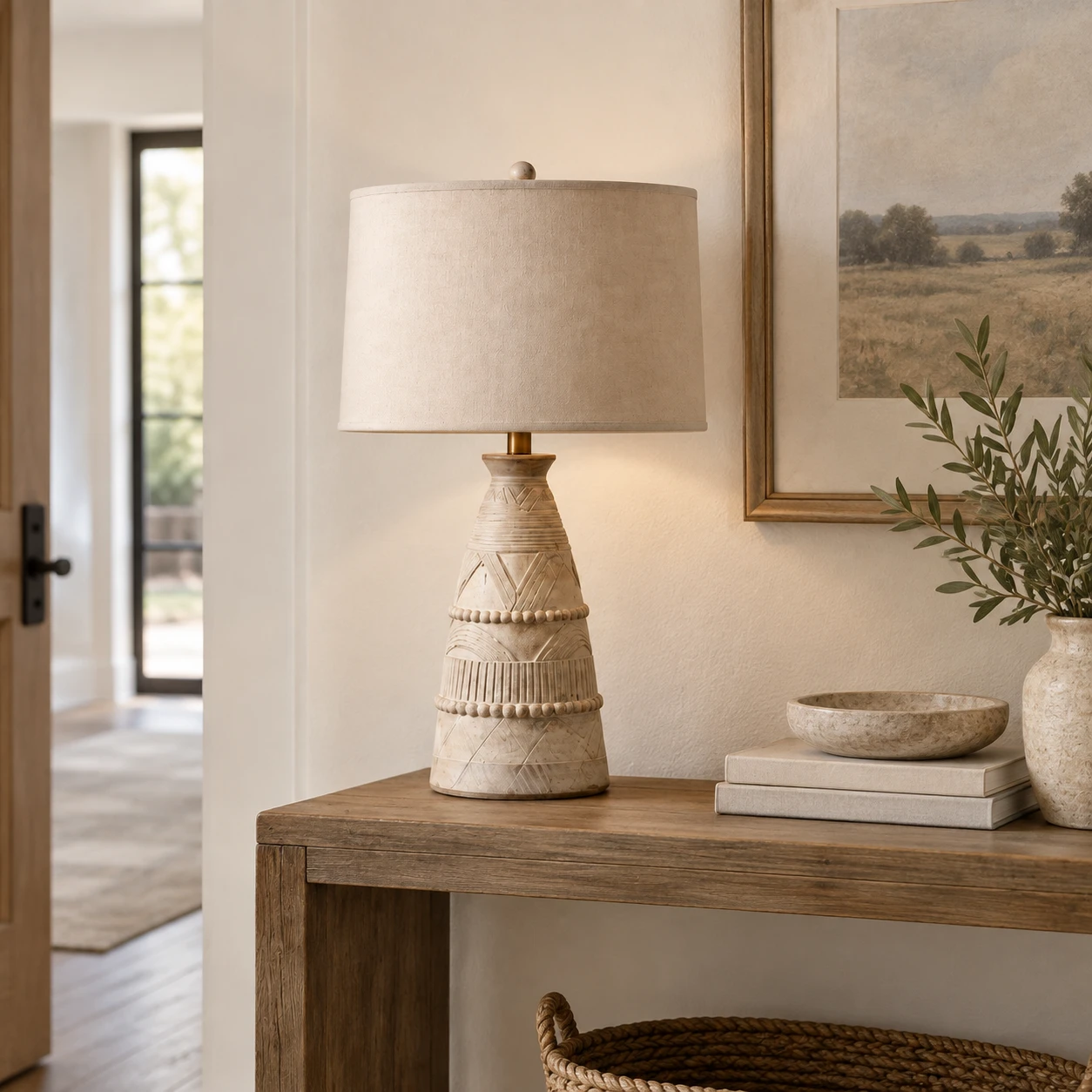 Camille Rustic Carved Wood Table Lamp in a residential interior