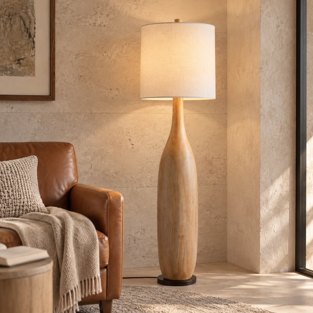 Amelia American Rustic Turned Wood and Fabric Floor Lamp, Natural Wood - 45 cm wide x 160 cm high, close architectural setting