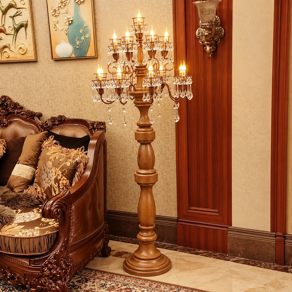 Natural Wood crystal candelabra floor lamp in a living room