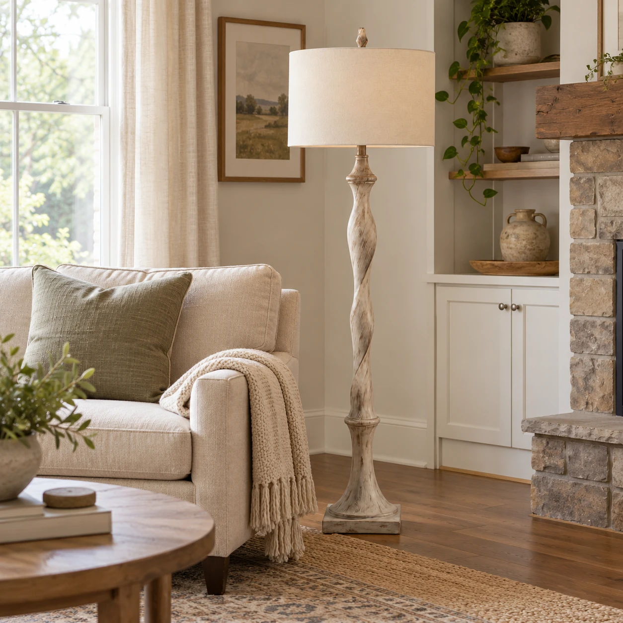 Mira Rustic Carved Wood Floor Lamp in a residential interior