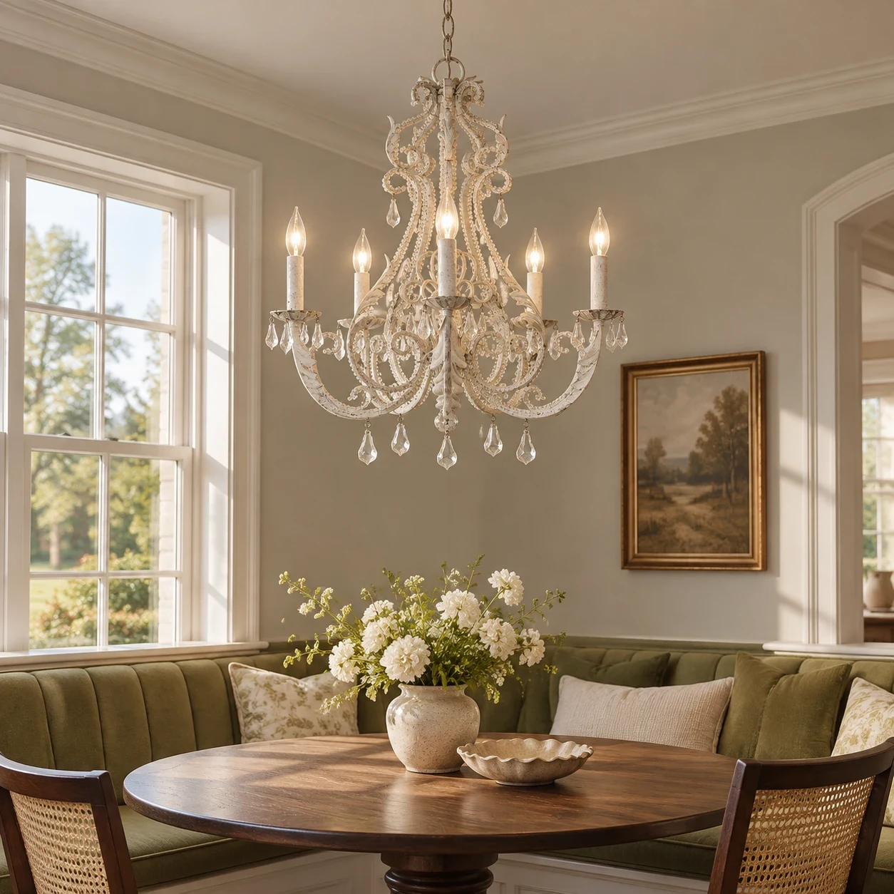 Five-light Camille chandelier in an olive American breakfast nook