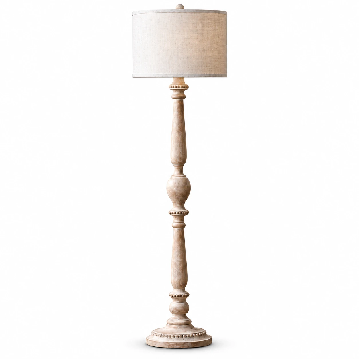 Nora rustic turned wood floor lamp on white background