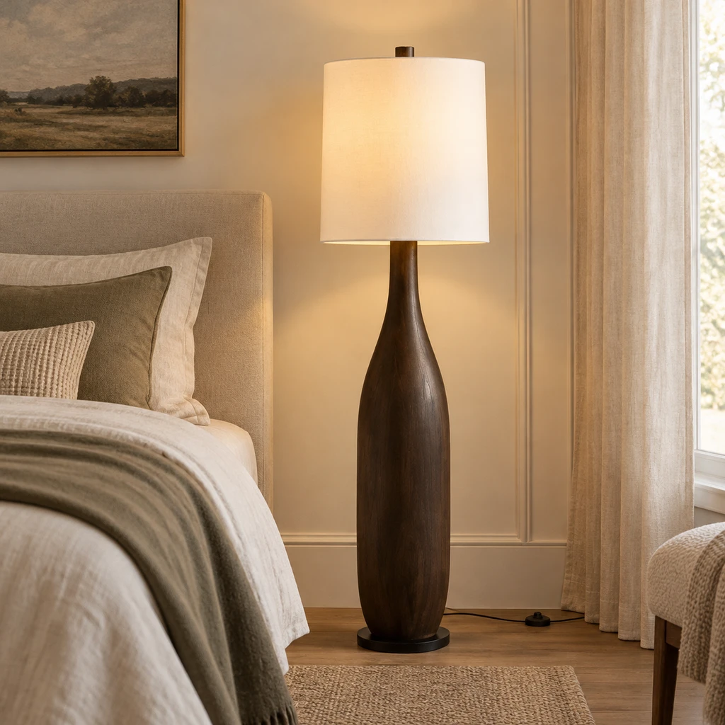 Amelia American Rustic Turned Wood and Fabric Floor Lamp, Dark Coffee - 45 cm wide x 160 cm high, high-ceiling bedroom setting