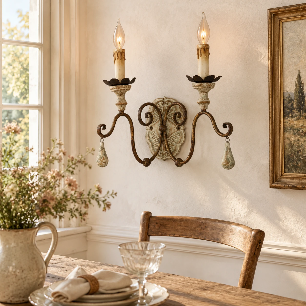 Two-light wood and iron wall sconce in a bright living room