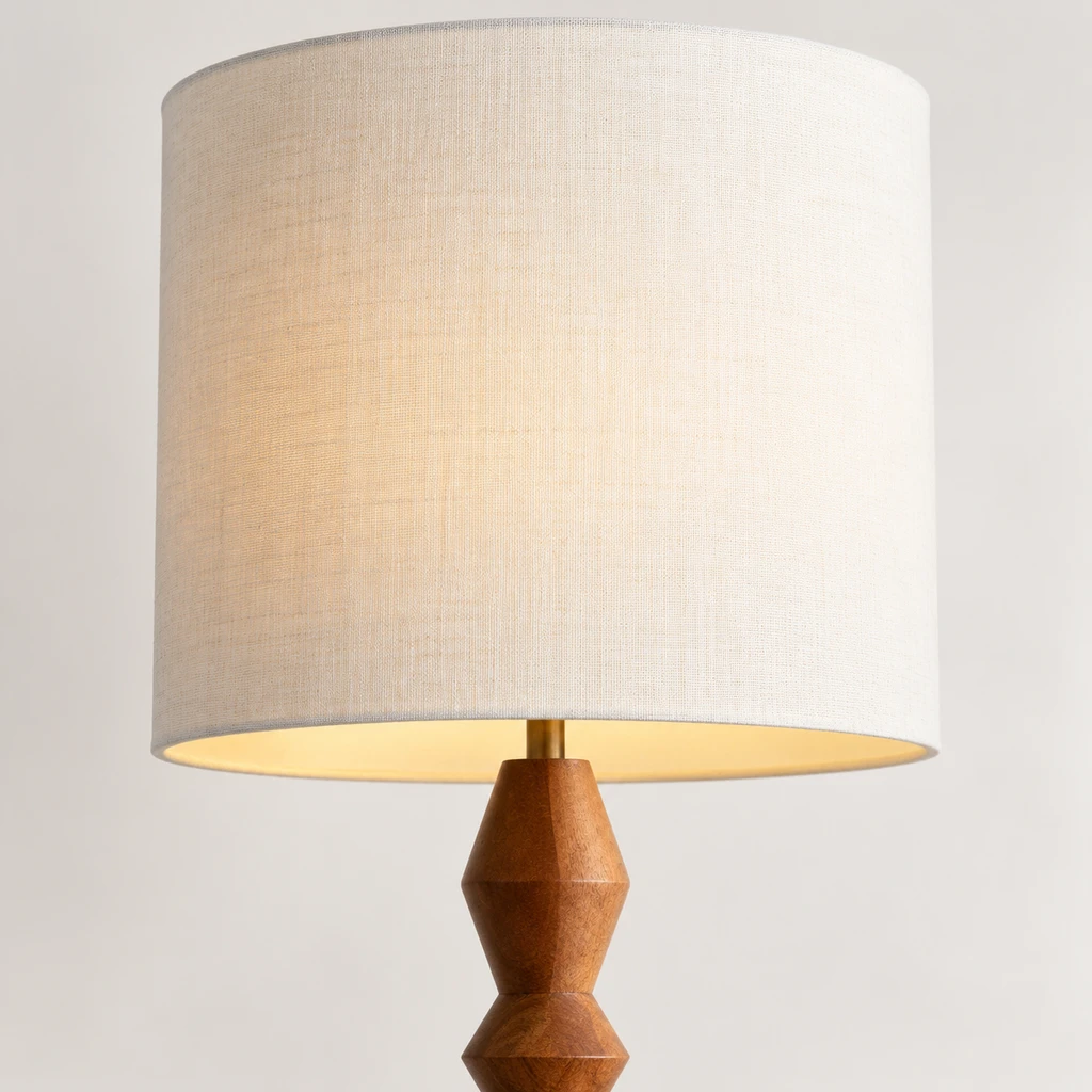 Maya Vintage Carved Wood and Fabric Floor Lamp, Carved Wood, close view of the secondary construction detail