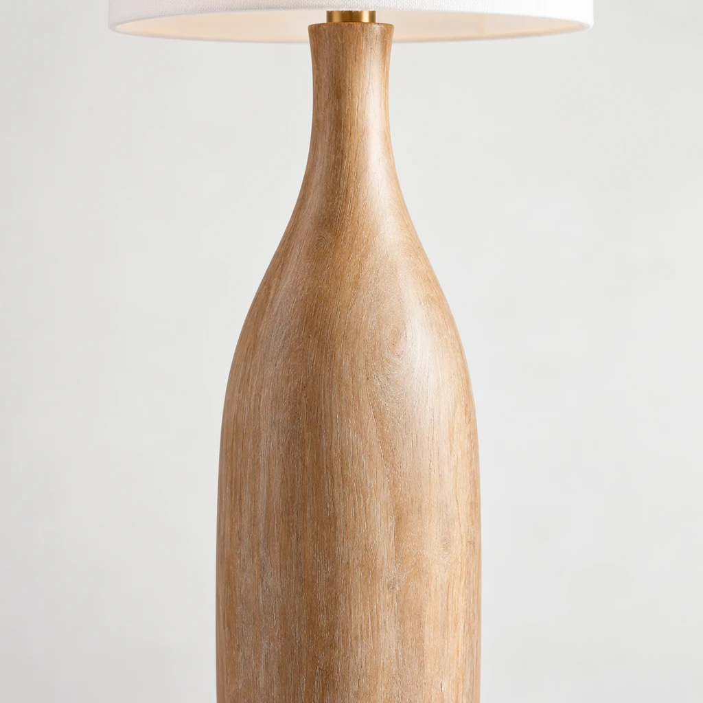 Amelia American Rustic Turned Wood and Fabric Floor Lamp, Natural Wood - 45 cm wide x 160 cm high, close view of the primary material and finish