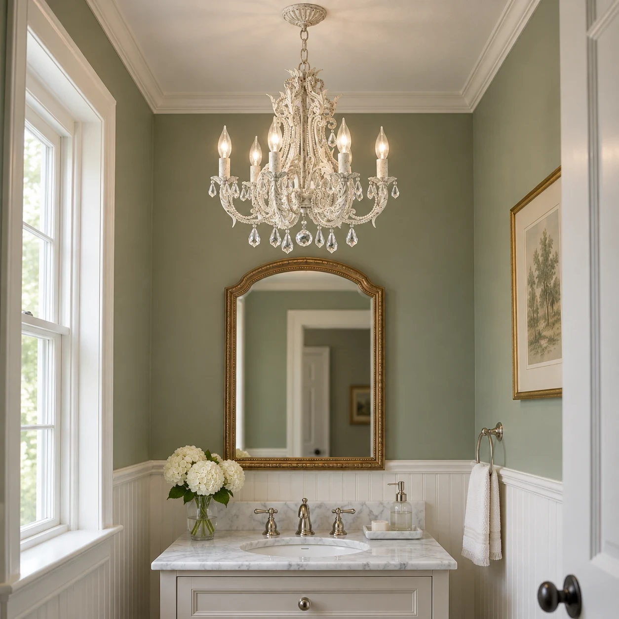 Six-light Camille chandelier in a sage American powder room
