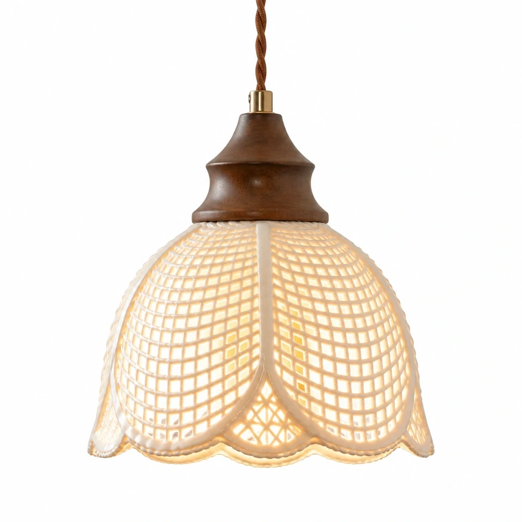 Close detail of Lina Vintage Floral Ceramic Wood Pendant Light light behavior