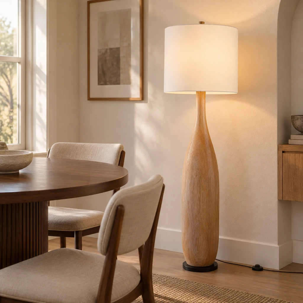 Amelia American Rustic Turned Wood and Fabric Floor Lamp, Natural Wood - 45 cm wide x 160 cm high, medium-near dining setting