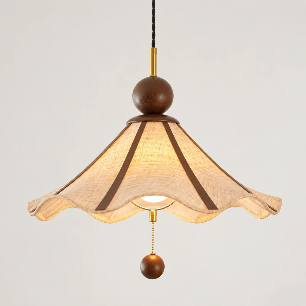 Amelie Vintage Single-Light Fabric Wood Pendant Light switched on in a neutral studio