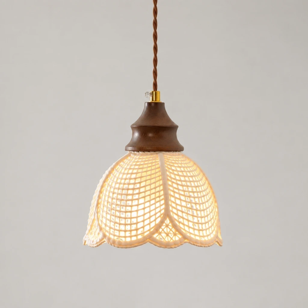 Lina Vintage Floral Ceramic Wood Pendant Light switched on in a neutral studio